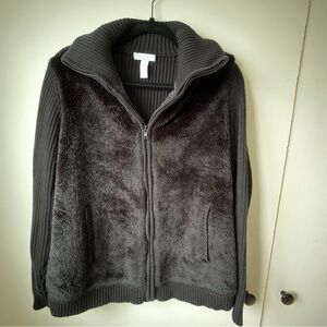 Charter Club Ribbed Faux Fur Zip Jacket Black XL Cozy PNW Layer